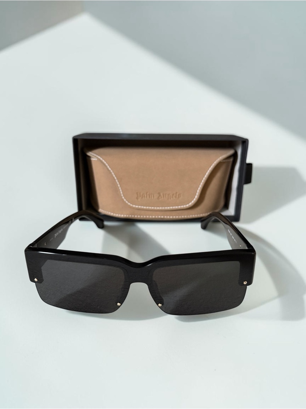 Palm Angels Black Rectangular Men's Sunglasses with Tan Case